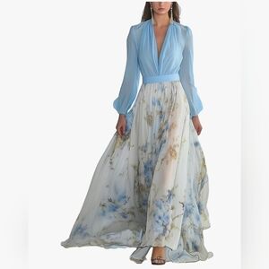 NEW BOHO Blue and White Floral Chiffon Flowy Maxi Dress With Matching Blue Belt